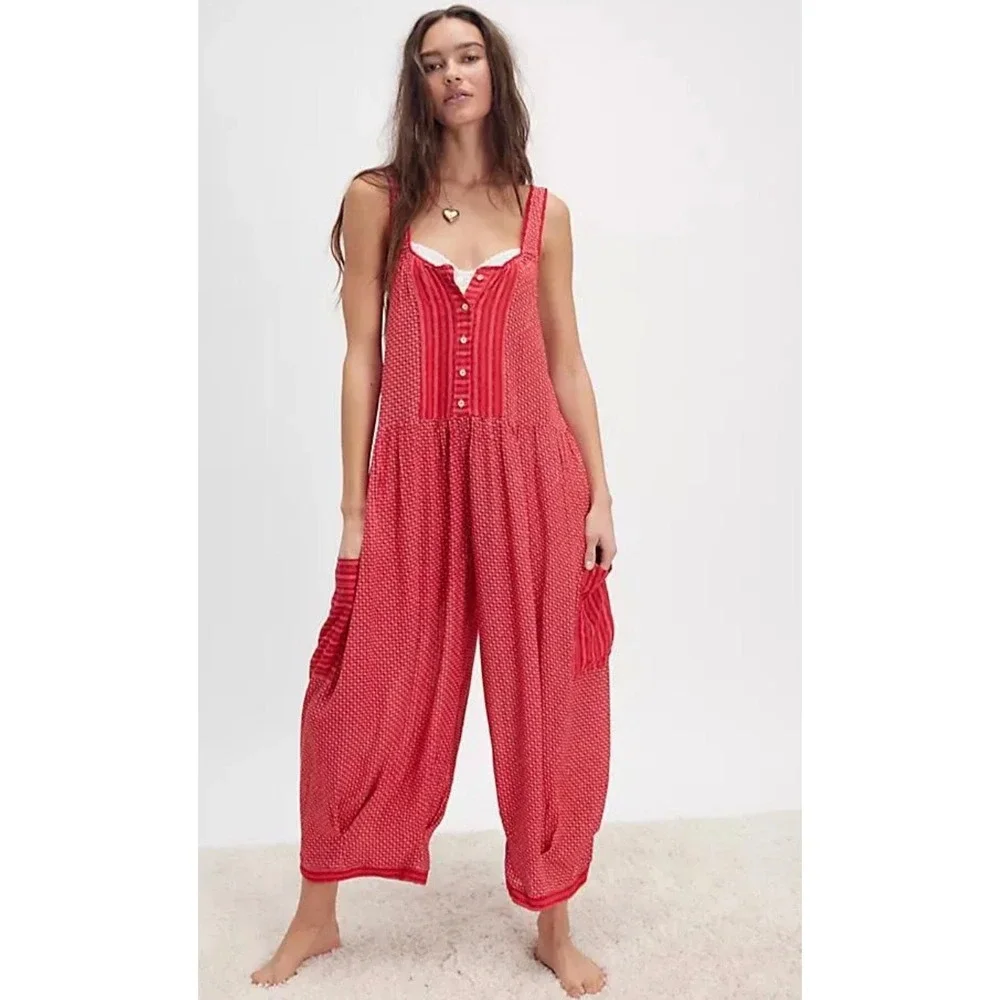Intimately Free People Red Patterned Full Bloom Harem Jumpsuit Boho Size Medium